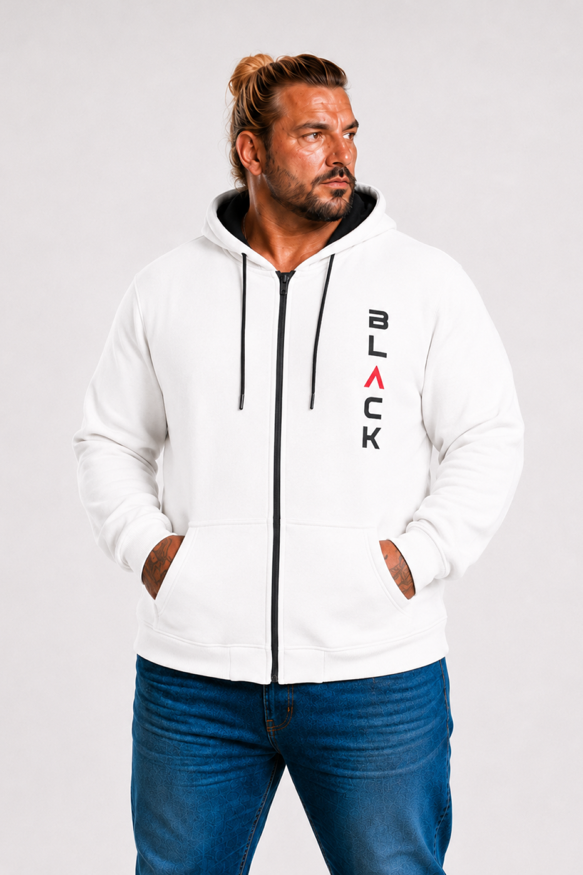 MocGrande Büyük Beden Kapüşonlu Fermuarlı 3ip Sweat Black 25716 BEJ