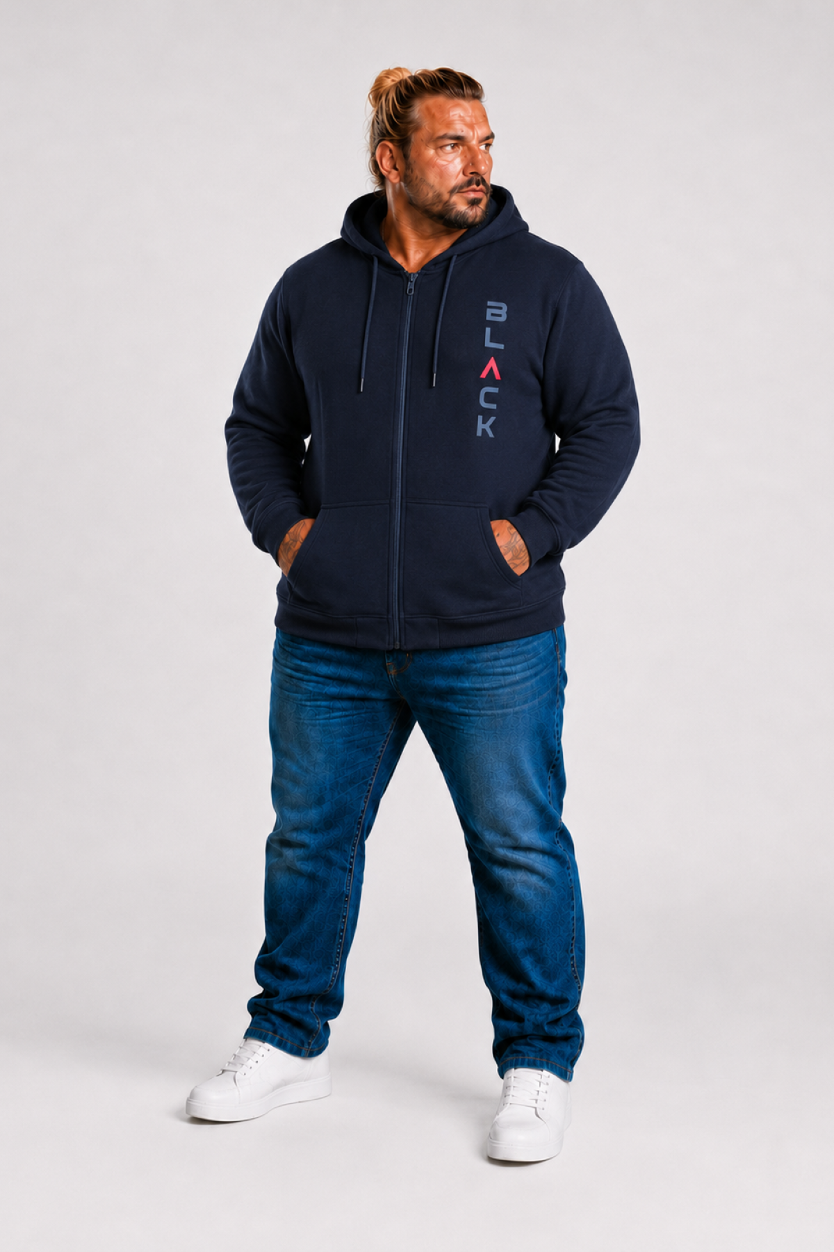 MocGrande Büyük Beden Kapüşonlu Fermuarlı 3ip Sweat Black 25716 LACIVERT