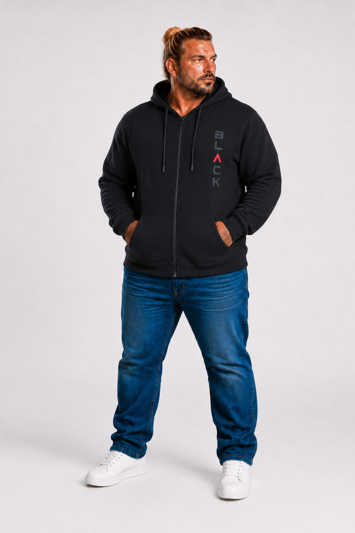 MocGrande Büyük Beden Kapüşonlu Fermuarlı 3ip Sweat Black 25716 SIYAH