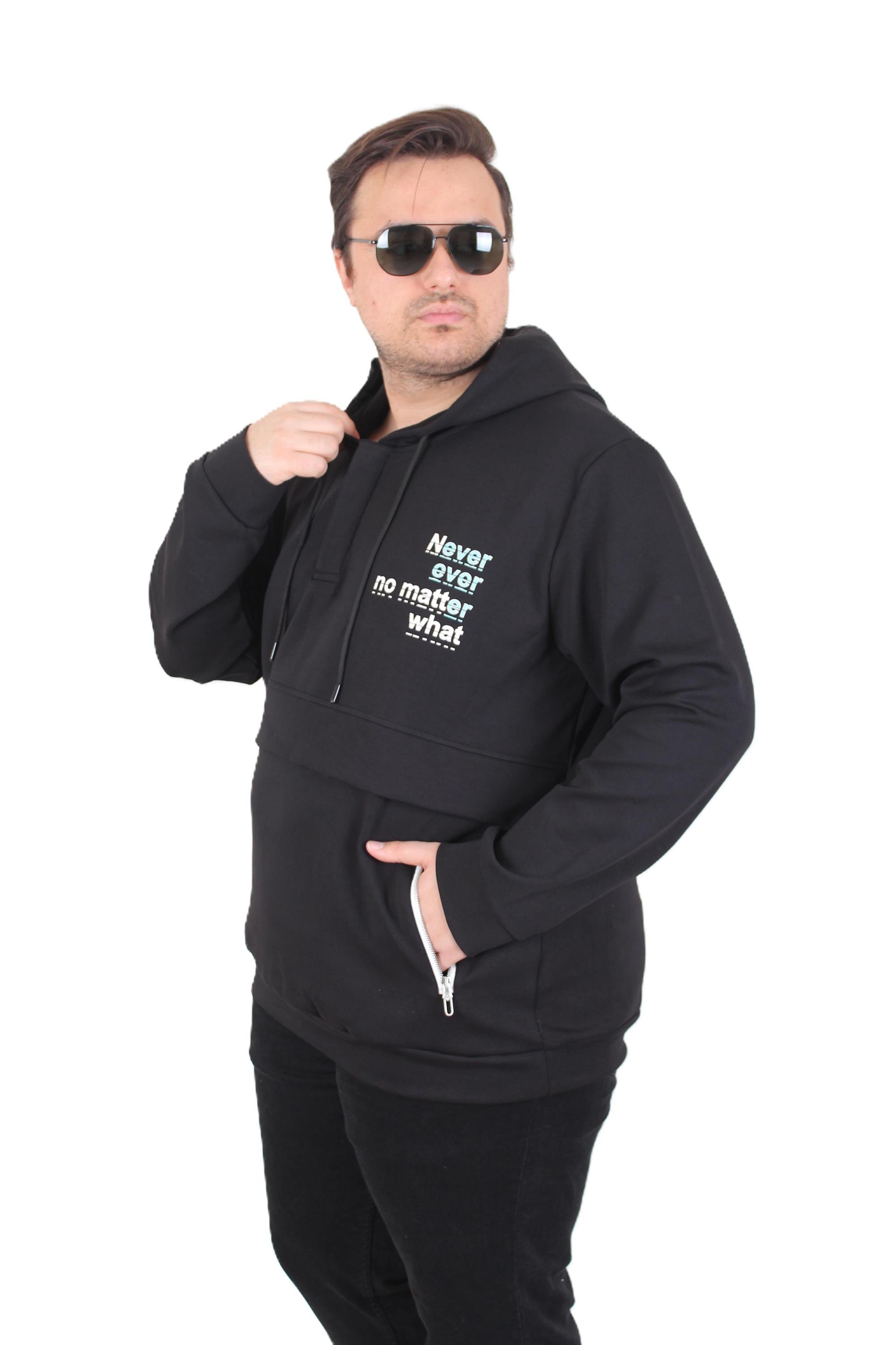 MocGrande Büyük Beden Kapüşonlu Sweat Double Face Never 25706 SIYAH