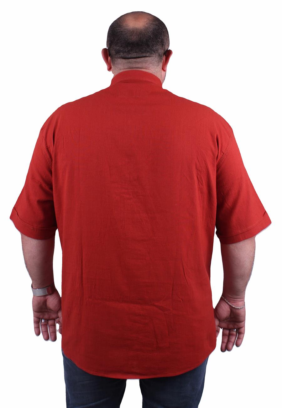 Mocgrande Büyük Beden Kısa Kol Erkek Likralı Keten Hakim Yaka Cepli Gömlek 11303 KIREMIT