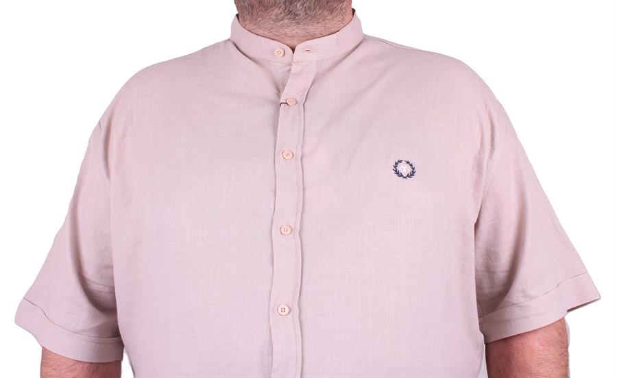 Mocgrande Büyük Beden Kısa Kol Erkek Likralı Keten Nakışlı Hakim Yaka Gömlek 11302 BEJ