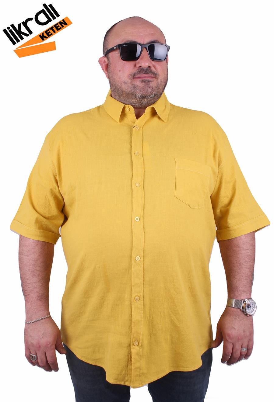 Mocgrande Büyük Beden Kısa Kol Erkek Likralı Keten Cepli Gömlek 11301 HARDAL