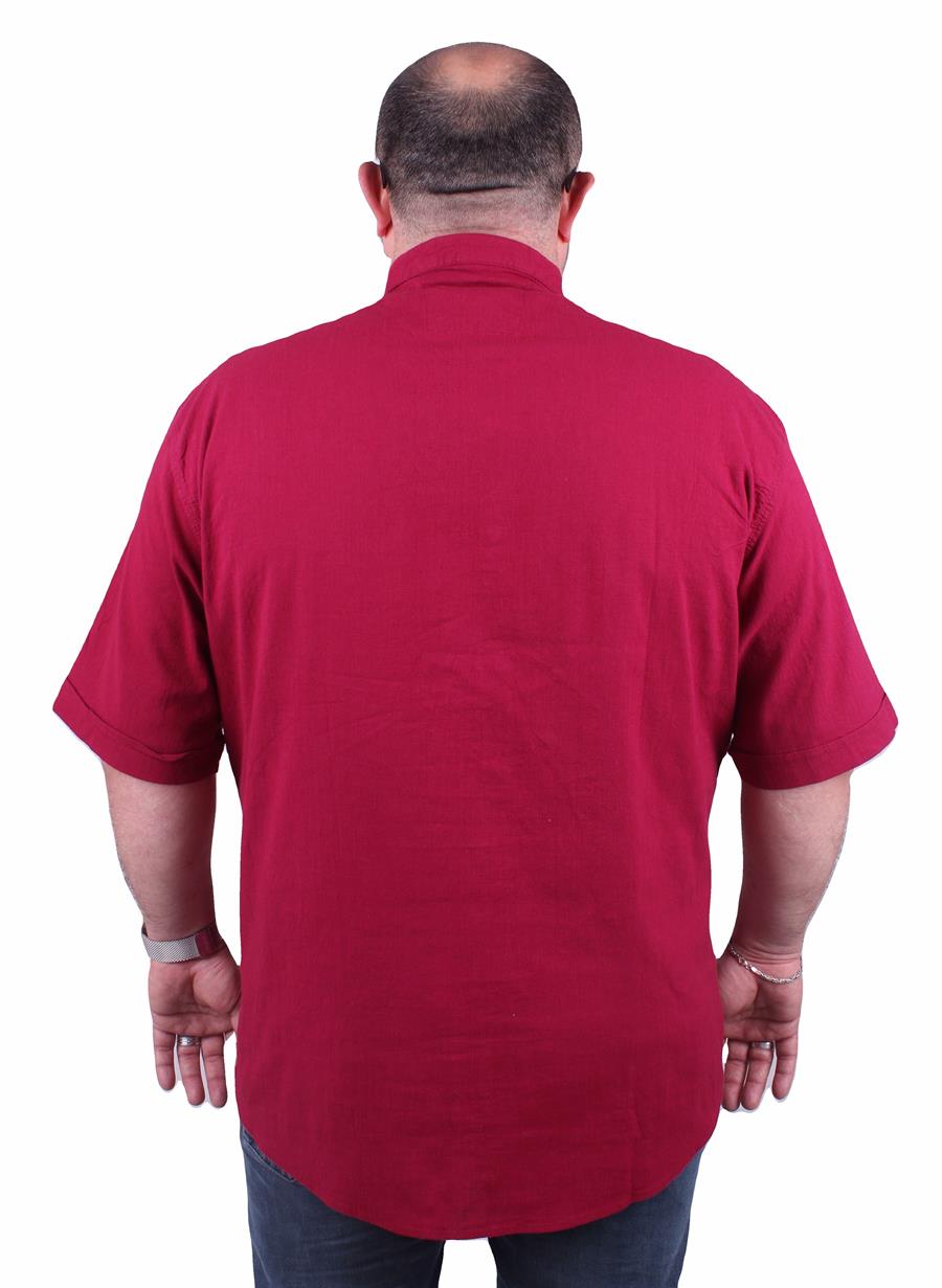 Mocgrande Büyük Beden Kısa Kol Erkek Likralı Keten Nakışlı Hakim Yaka Gömlek 11302 BORDO