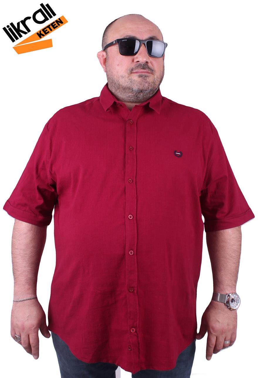 Mocgrande Büyük Beden Kısa Kol Erkek Likralı Keten Gömlek 11300 BORDO