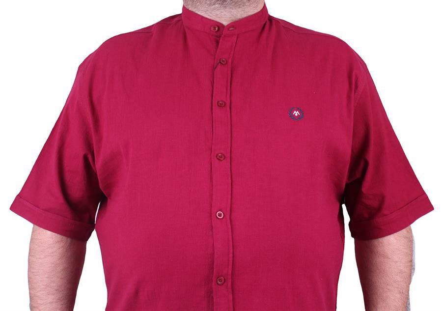 Mocgrande Büyük Beden Kısa Kol Erkek Likralı Keten Nakışlı Hakim Yaka Gömlek 11302 BORDO