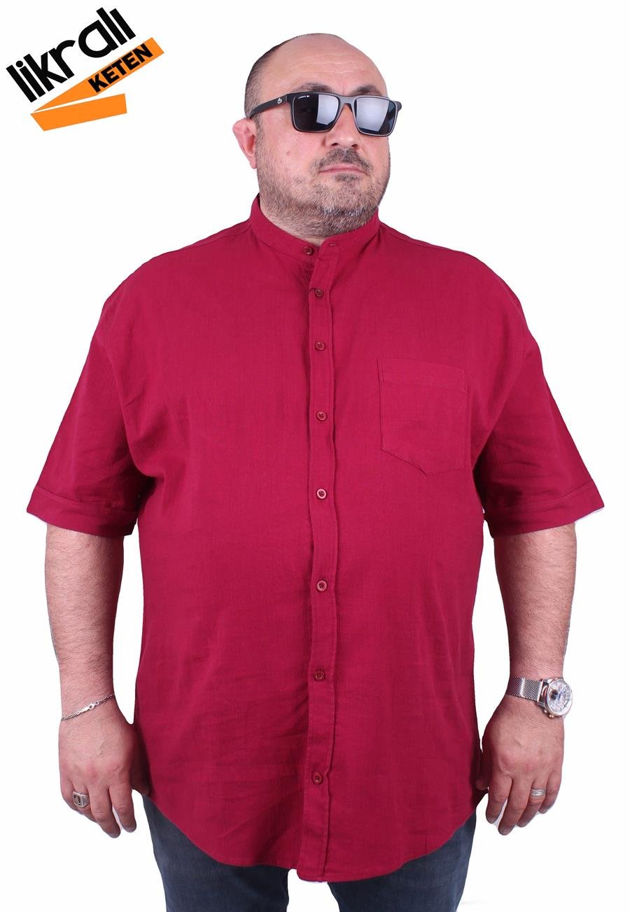 Mocgrande Büyük Beden Kısa Kol Erkek Likralı Keten Hakim Yaka Cepli Gömlek 11303 BORDO
