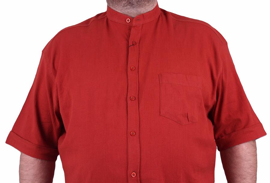 Mocgrande Büyük Beden Kısa Kol Erkek Likralı Keten Hakim Yaka Cepli Gömlek 11303 KIREMIT