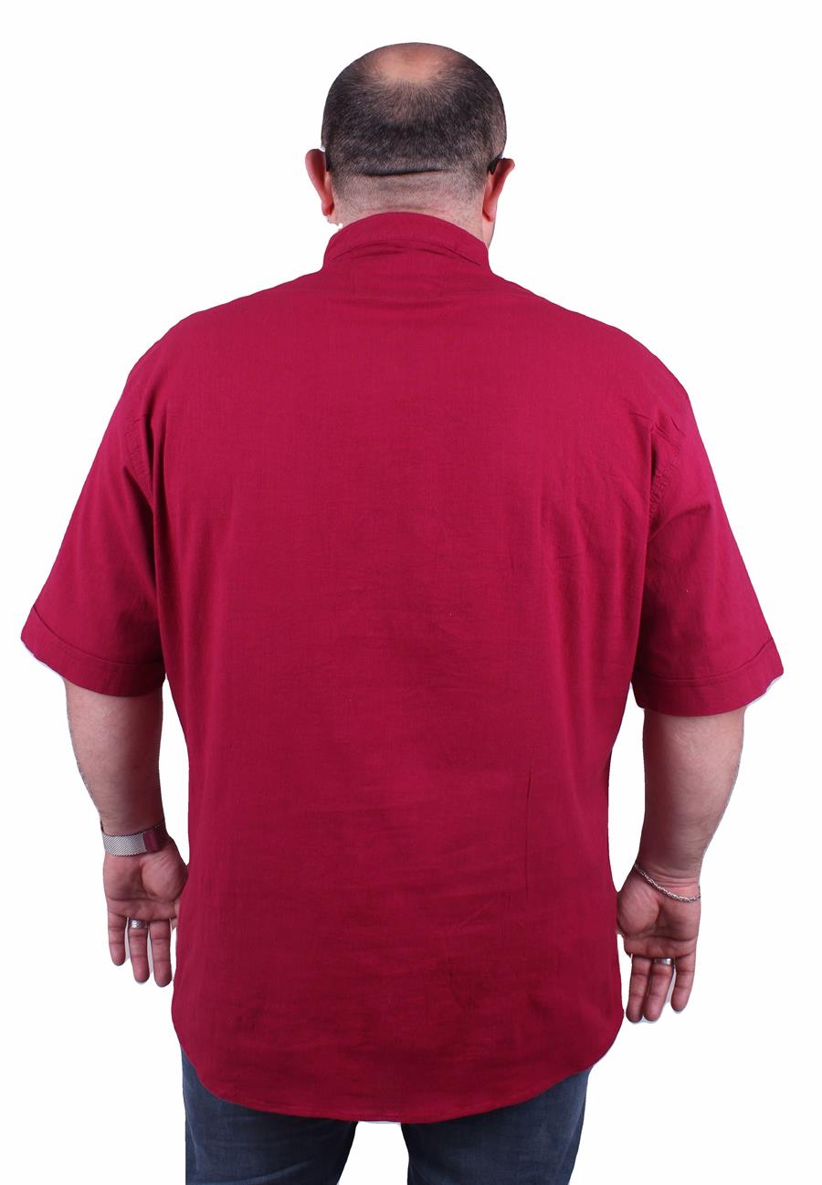 Mocgrande Büyük Beden Kısa Kol Erkek Likralı Keten Hakim Yaka Cepli Gömlek 11303 BORDO