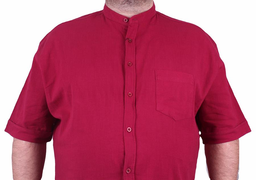 Mocgrande Büyük Beden Kısa Kol Erkek Likralı Keten Hakim Yaka Cepli Gömlek 11303 BORDO