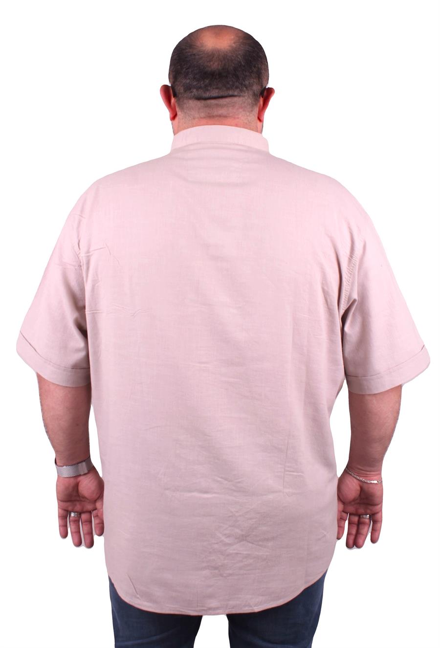 Mocgrande Büyük Beden Kısa Kol Erkek Likralı Keten Nakışlı Hakim Yaka Gömlek 11302 BEJ