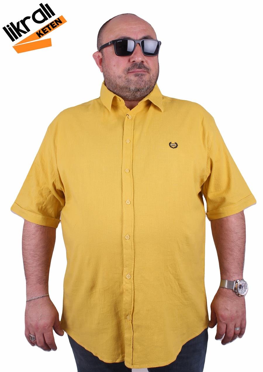 Mocgrande Büyük Beden Kısa Kol Erkek Likralı Keten Gömlek 11300 HARDAL