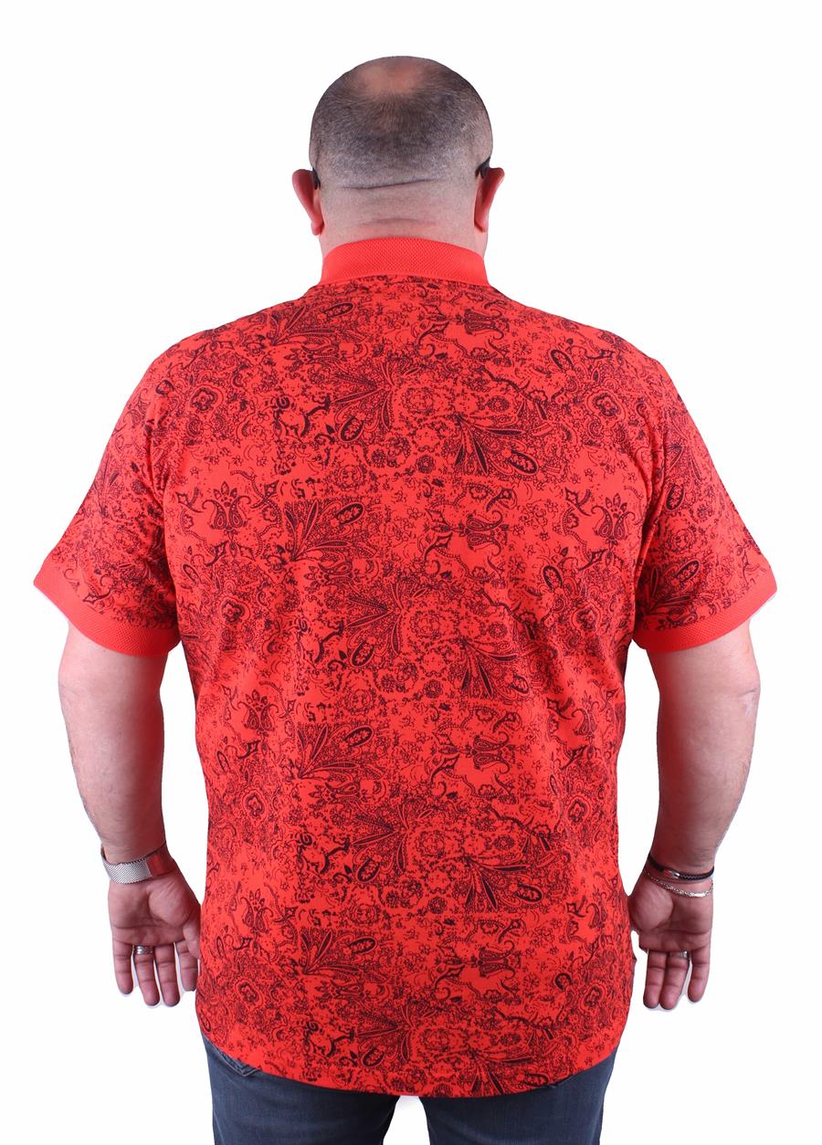 Mocgrande Büyük Beden Polo Yaka Tişört Şal Desen 23410 Nar Çiçeği