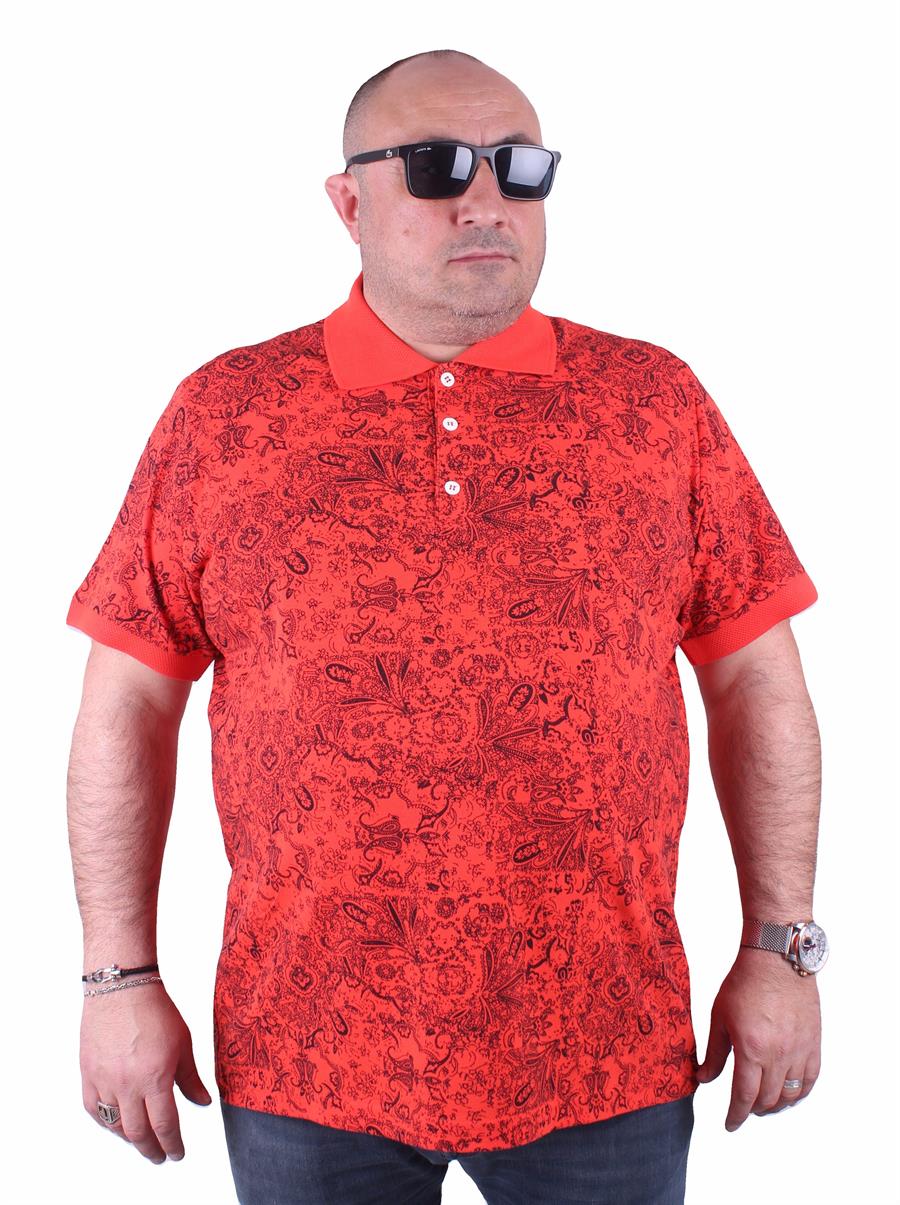 Mocgrande Büyük Beden Polo Yaka Tişört Şal Desen 23410 Nar Çiçeği