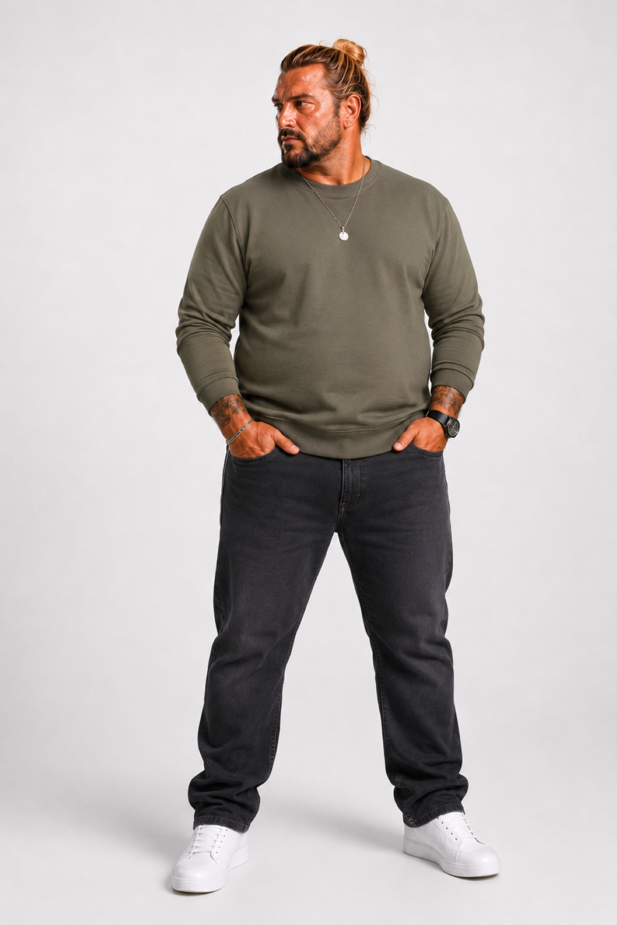 MocGrande Büyük Beden Sıfır Yaka Classic Sweat 23216 HAKI