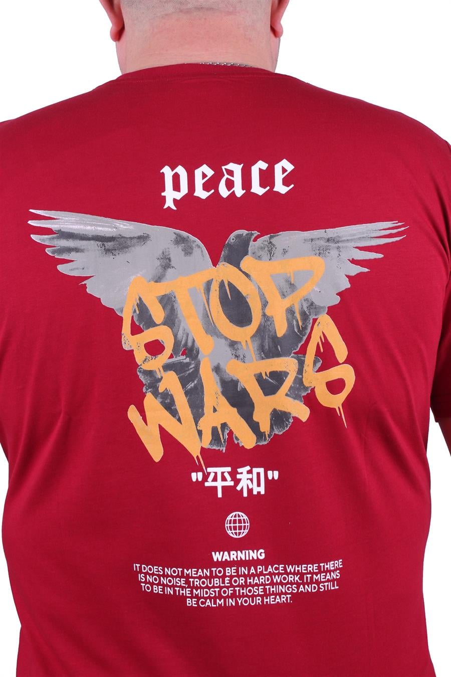 Mocgrande Büyük Beden Sıfır Yaka Tişört Peace 23100 BORDO