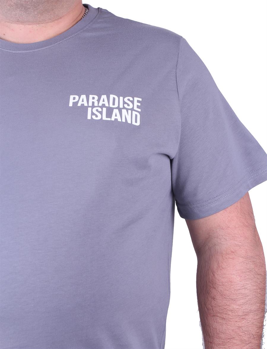 Mocgrande Büyük Beden Sıfır Yaka Tişört Paradise İsland 23103 GRI