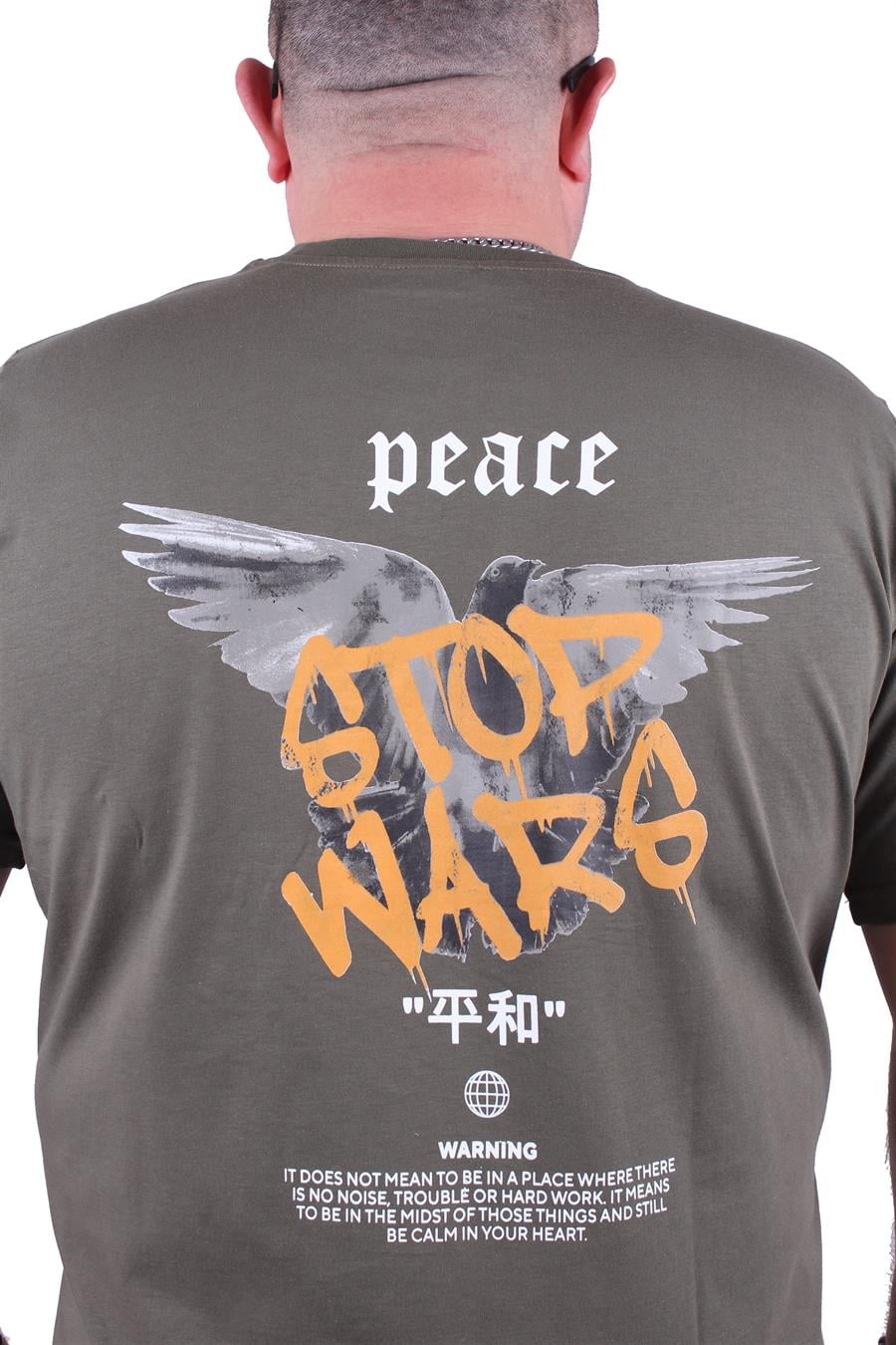 Mocgrande Büyük Beden Sıfır Yaka Tişört Peace 23100 HAKI