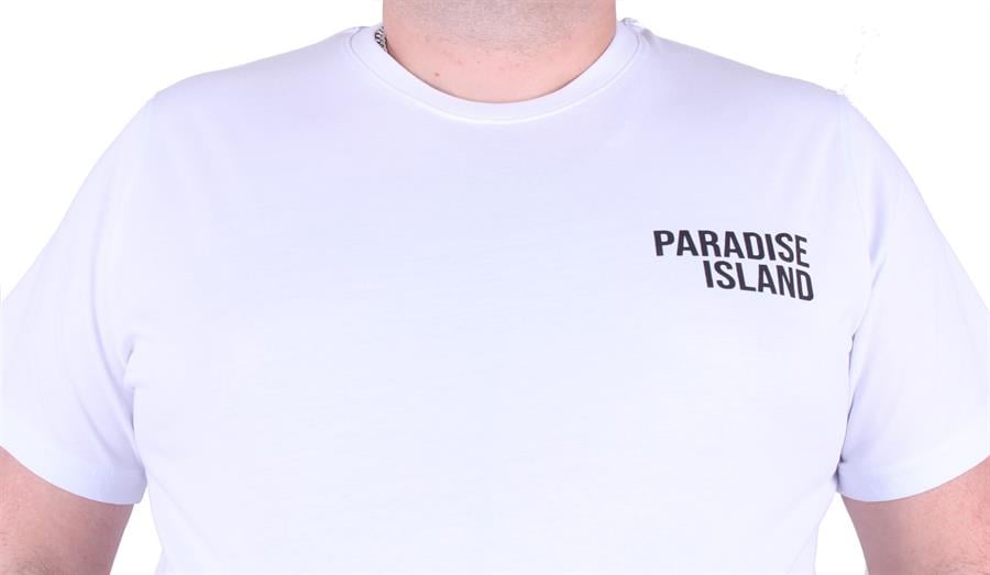 Mocgrande Büyük Beden Sıfır Yaka Tişört Paradise İsland 23103 BEYAZ