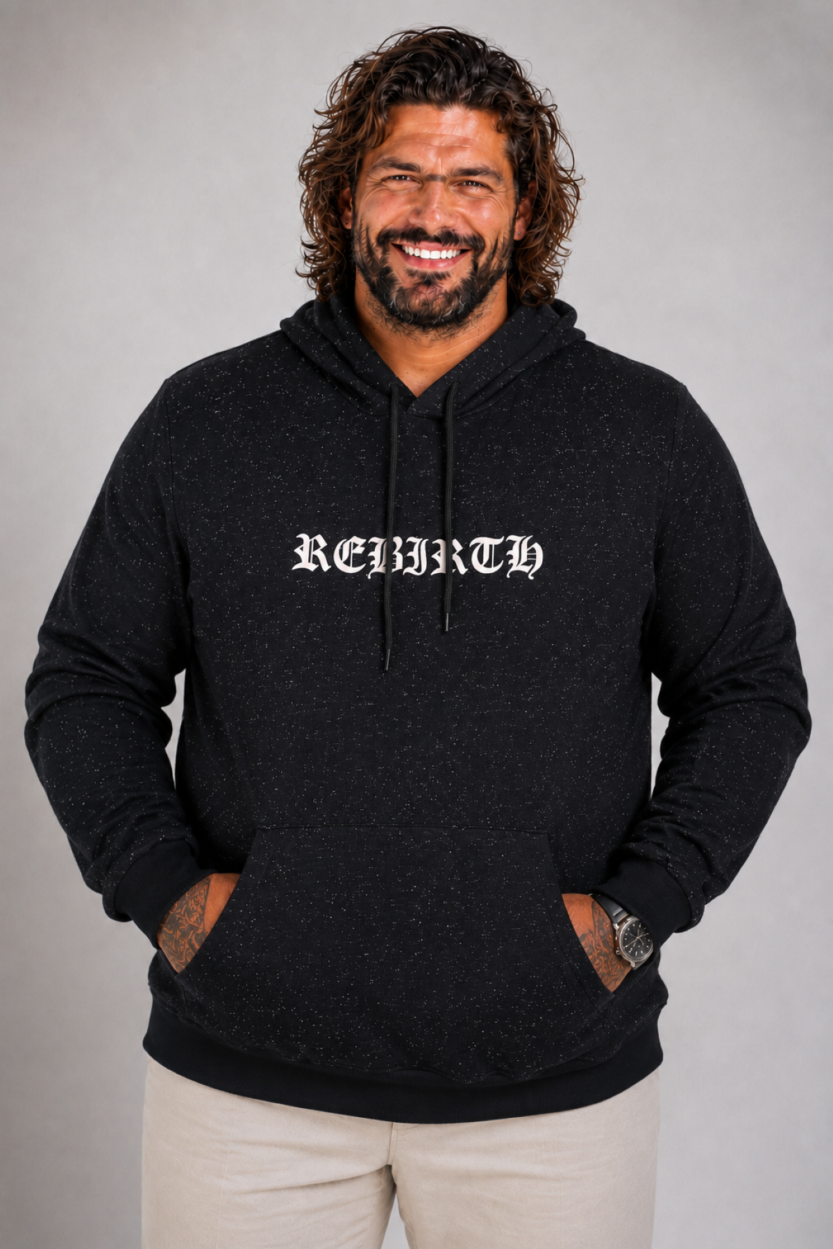 MocGrande Büyük Beden Sweatshirt Kapşonlu Rebirth 22701 SIYAH