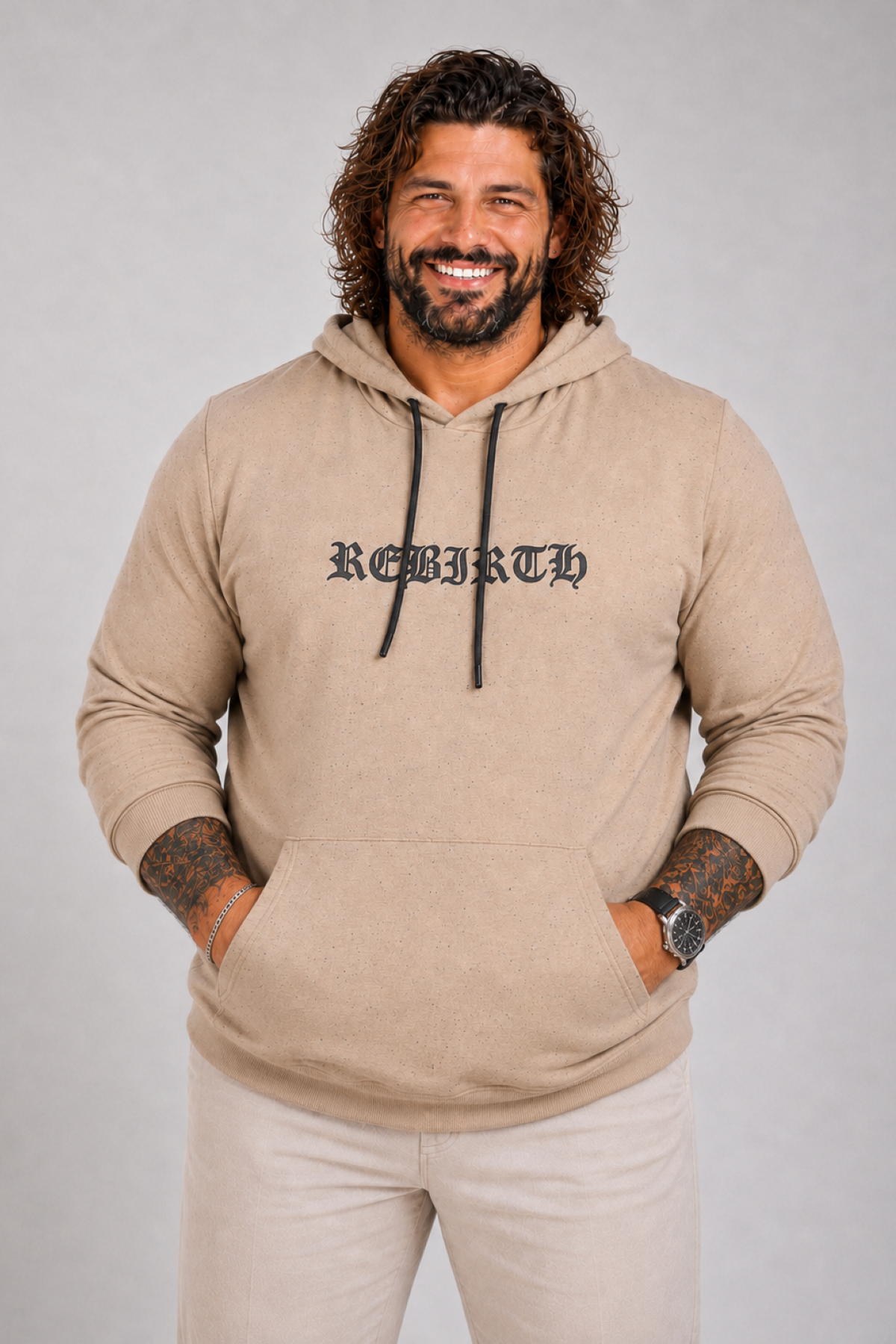 MocGrande Büyük Beden Sweatshirt Kapşonlu Rebirth 22701 BEJ