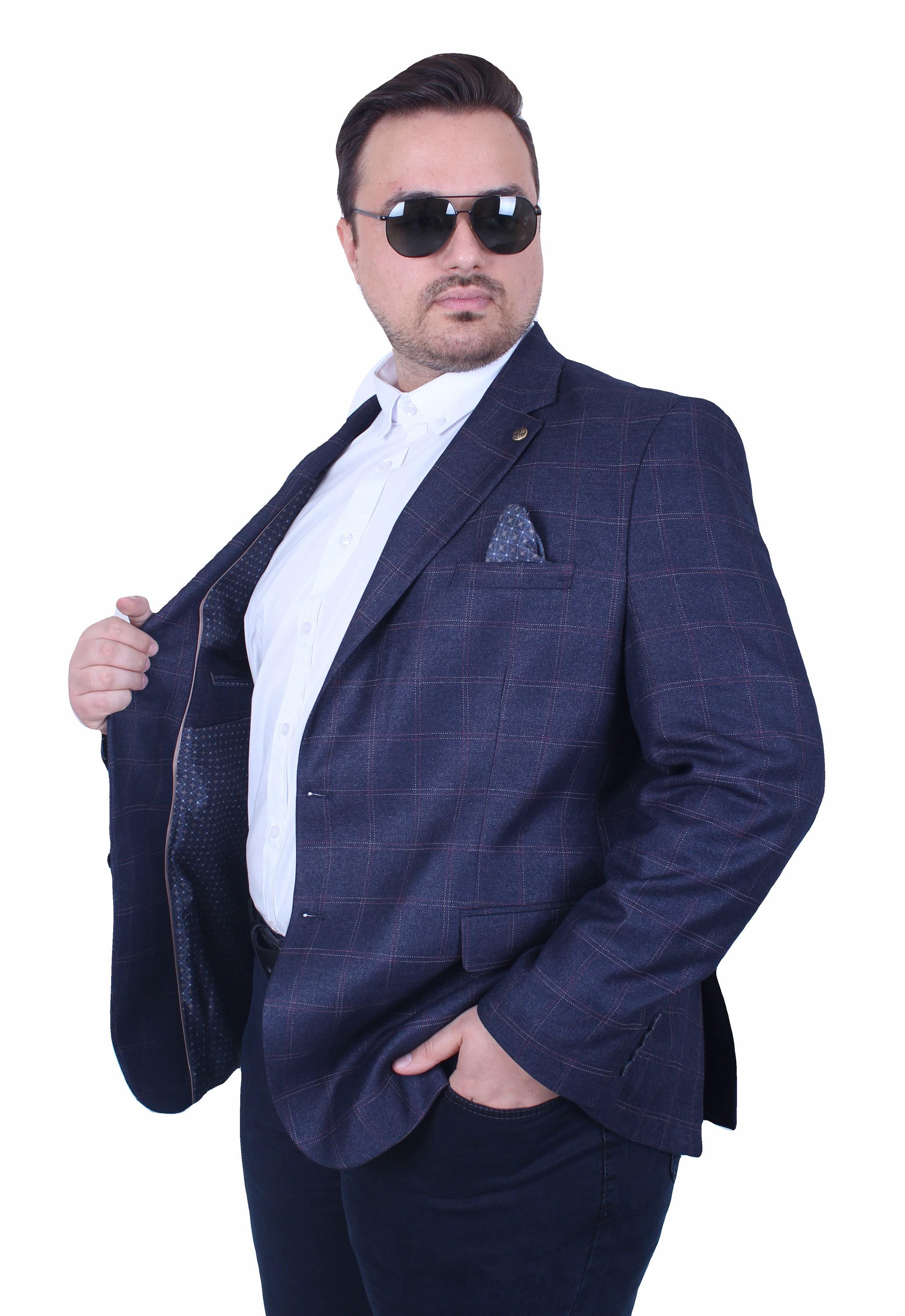 Mocgrande Erkek Büyük Beden 4 Drop Blazer Ekose Ceket 500605 LACIVERT