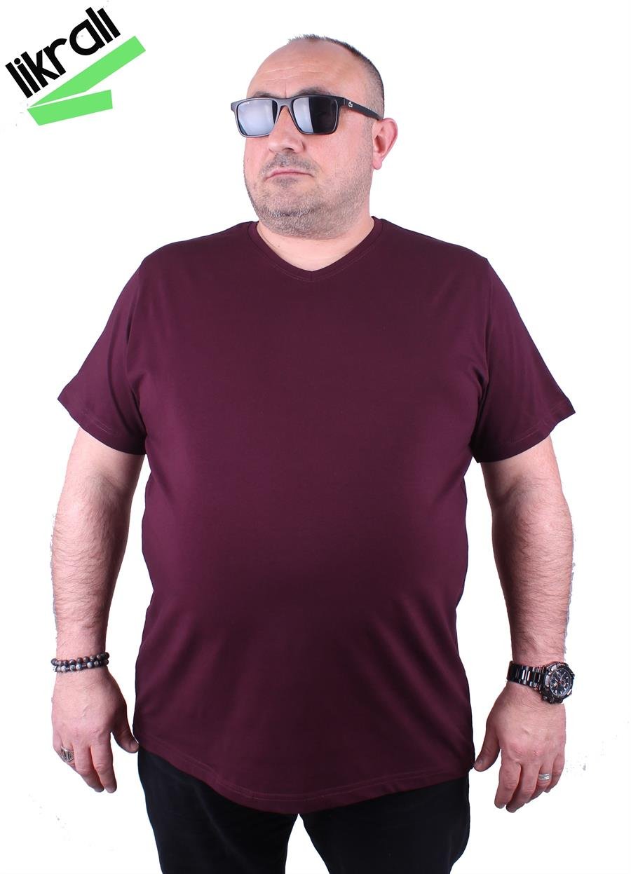 Mocgrande Erkek Büyük Beden Likralı Basic V Yaka Tişört 11170 MURDUM