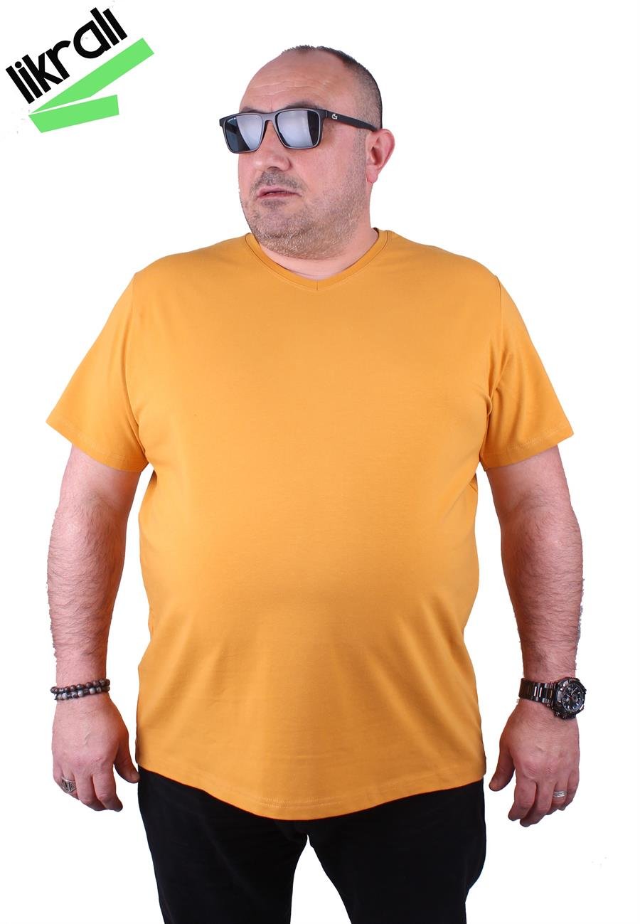 Mocgrande Erkek Büyük Beden Likralı Basic V Yaka Tişört 11170 HARDAL