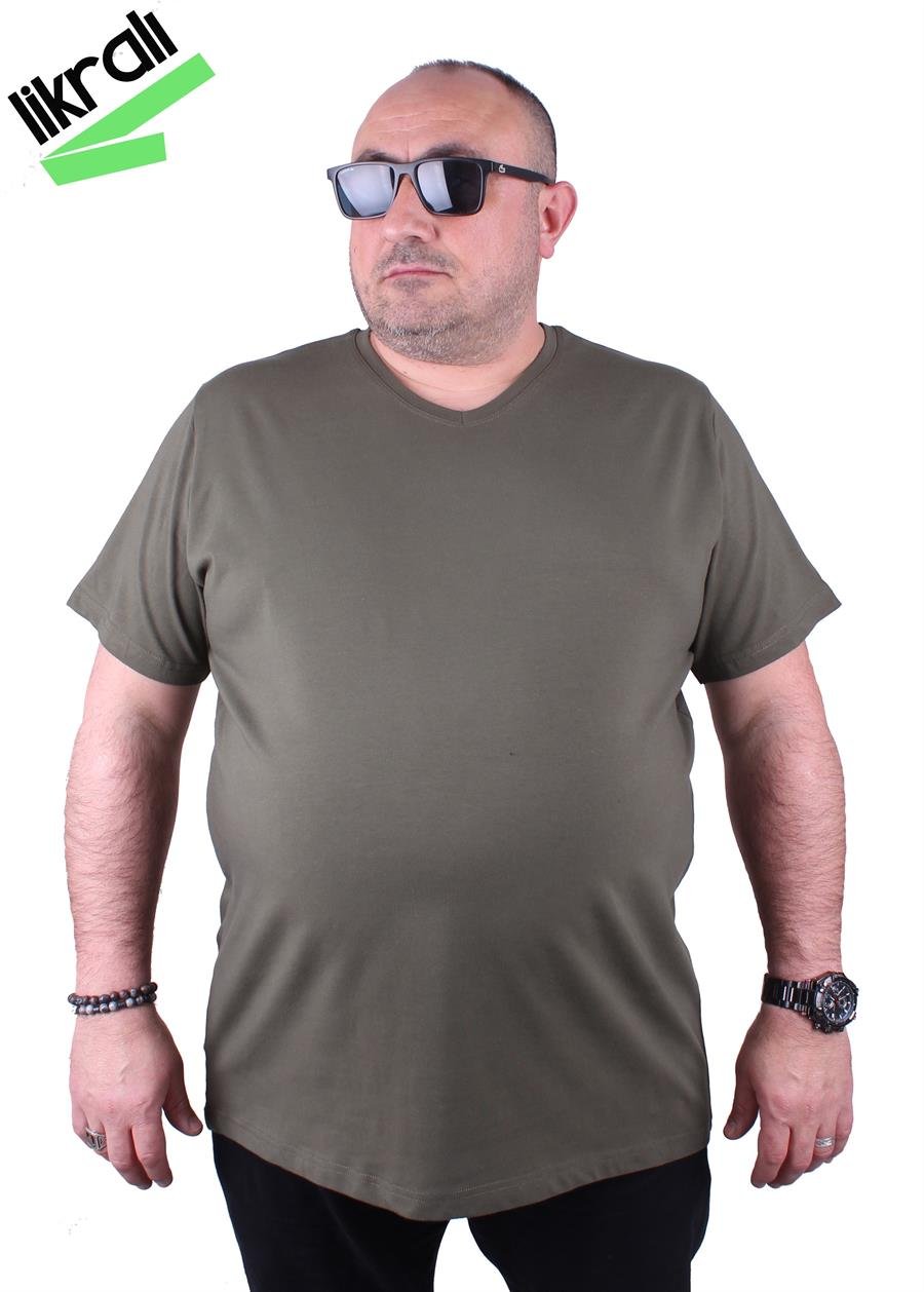 Mocgrande Erkek Büyük Beden Likralı Basic V Yaka Tişört 11170 HAKI