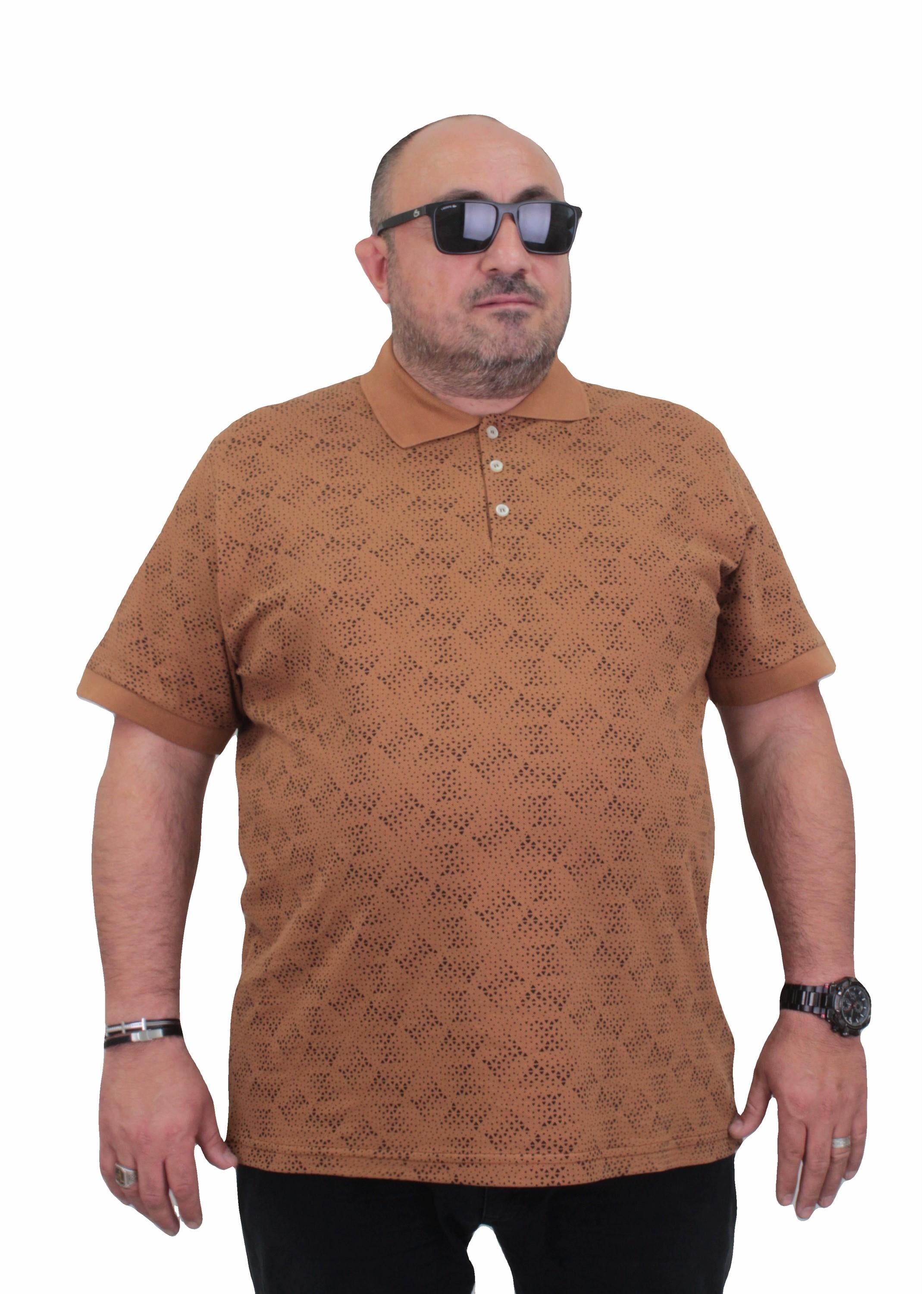 Mocgrande Erkek Büyük Beden Polo Yaka Üçgen Baskılı Tişört 24450 Vizon