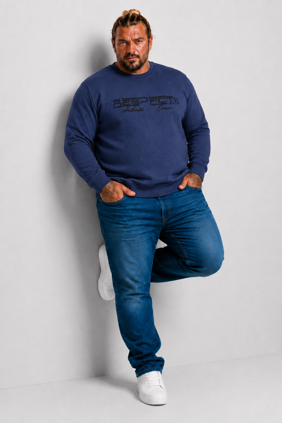 Mocgrande Erkek Büyük Beden Sıfır Yaka 3ip Sweat Respect 24205 INDIGO