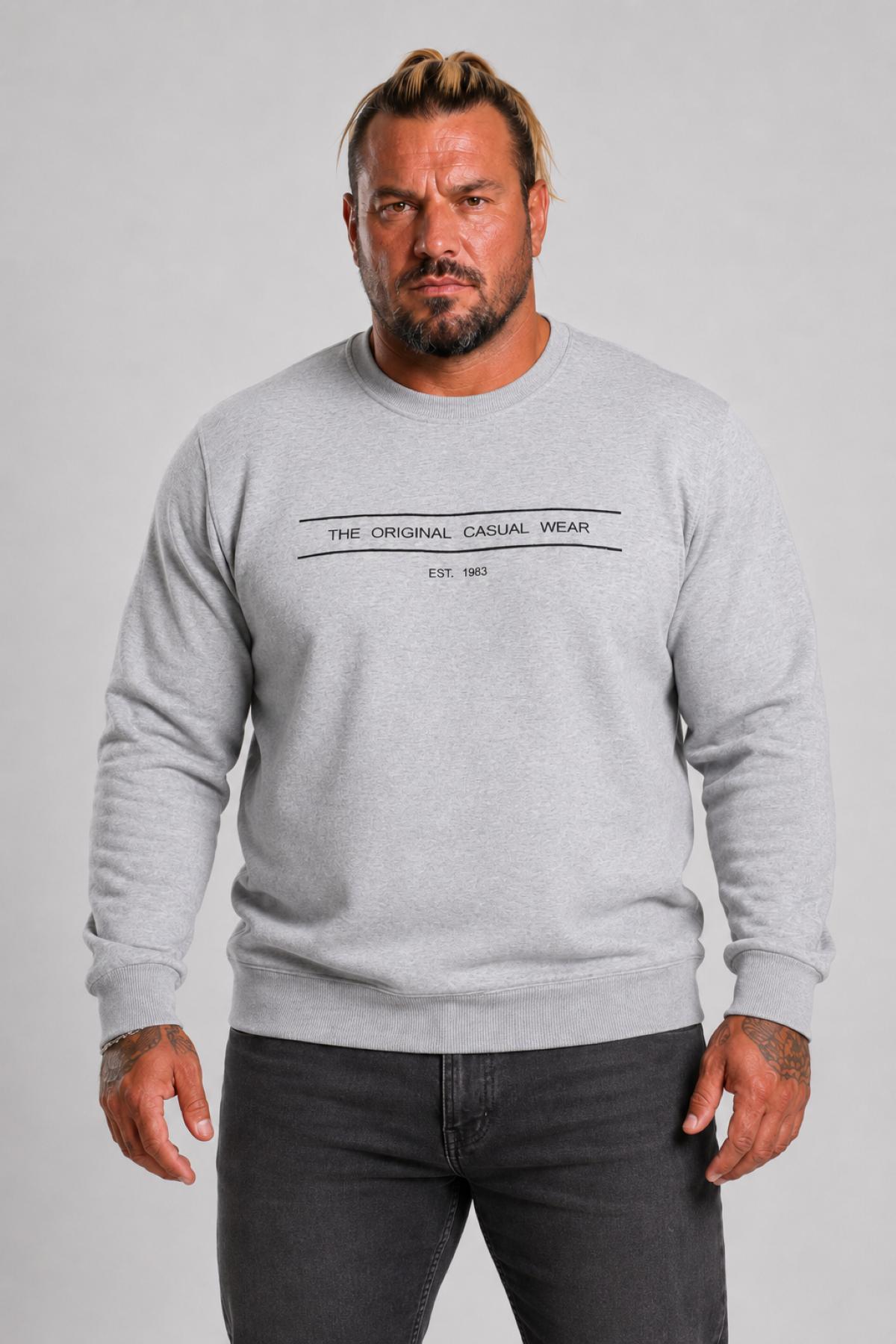 Mocgrande Erkek Büyük Beden Sıfır Yaka 3ip Sweat Original 24203 GRI MELANJ