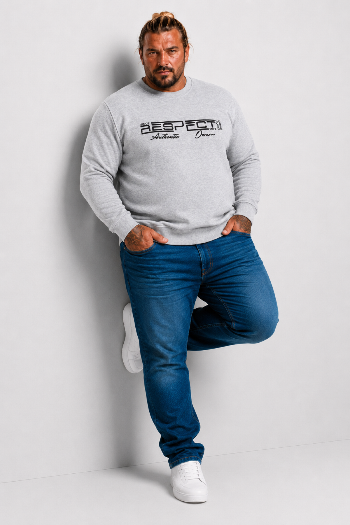 Mocgrande Erkek Büyük Beden Sıfır Yaka 3ip Sweat Respect 24205 GRI MELANJ