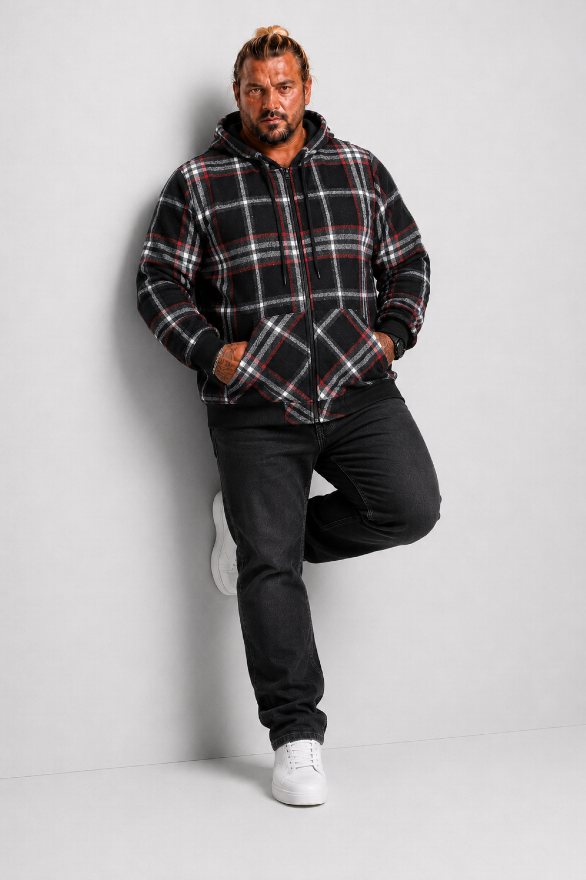 MocGrande Kangaroo Pocket Oduncu Sweat-Gömlek Stripe 22209 SIYAH