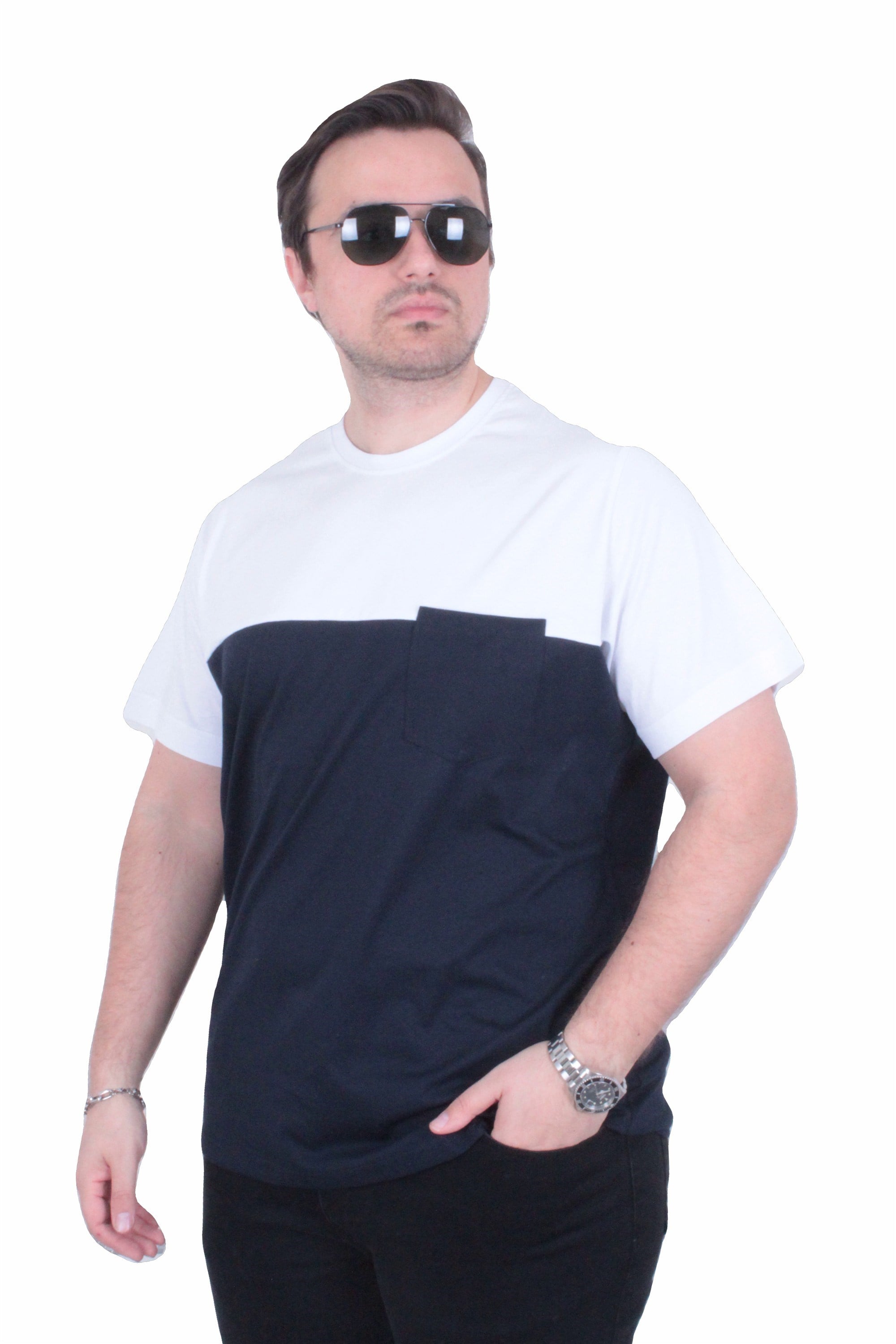 Starbattal Erkek Büyük Beden Sıfır Yaka Tişört Cepli Parçalı 26144 LACIVERT