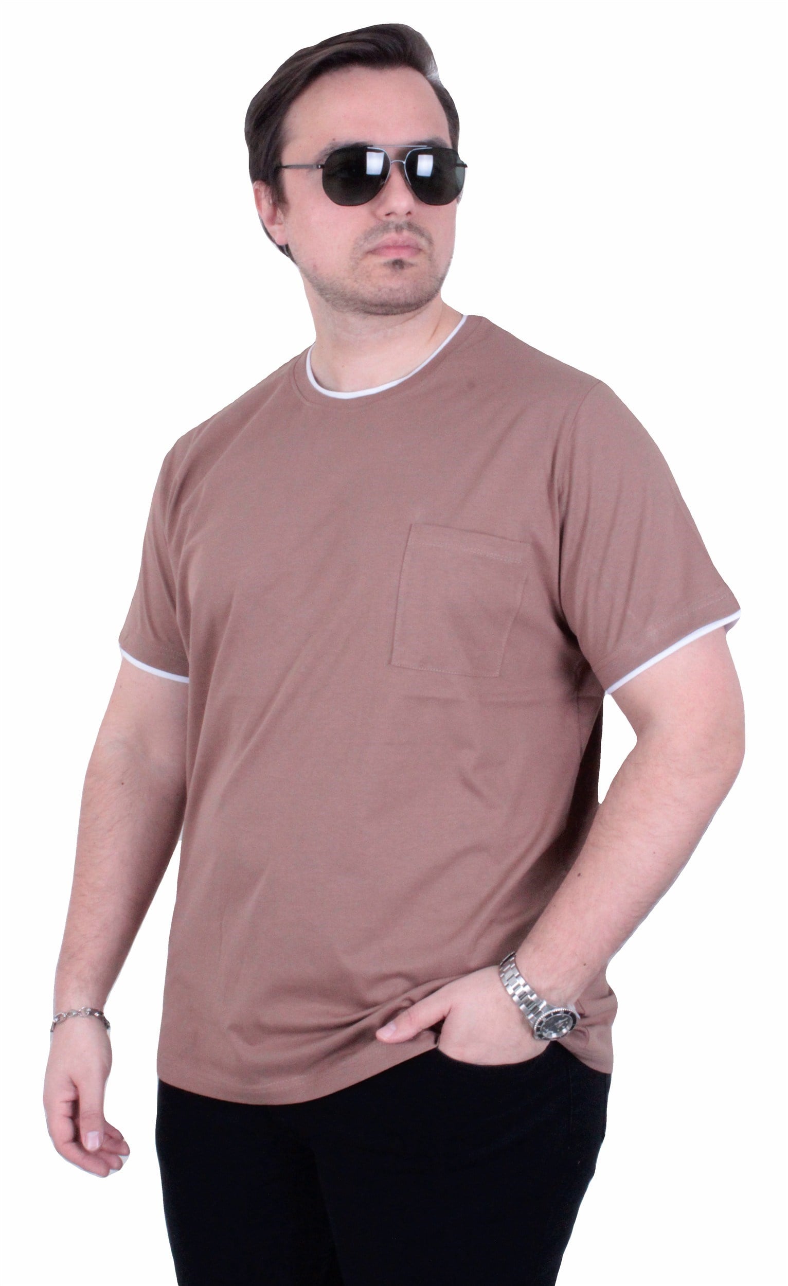 Starbattal Erkek Büyük Beden Sıfır Yaka Tişört Cepli 26143 KAHVERENGİ