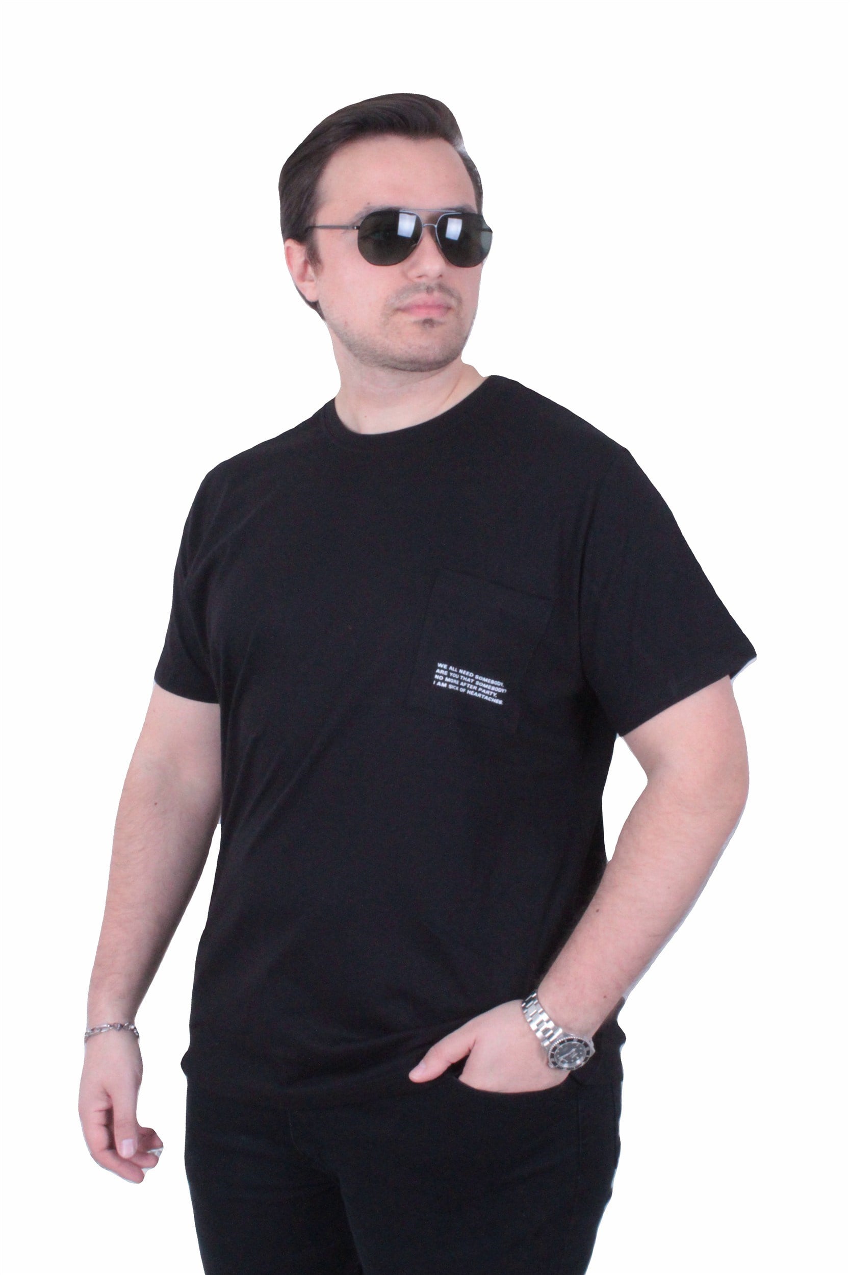 Starbattal Erkek Büyük Beden Sıfır Yaka Tişört Cepli 26145 SIYAH