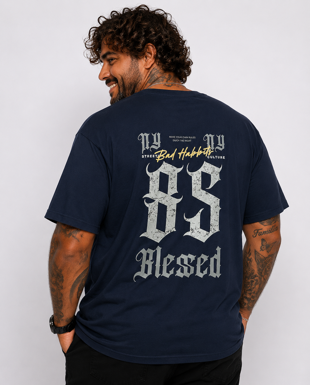 Starbattal Erkek Büyük Beden Sıfır Yaka Tişört Blessed 26147 LACIVERT