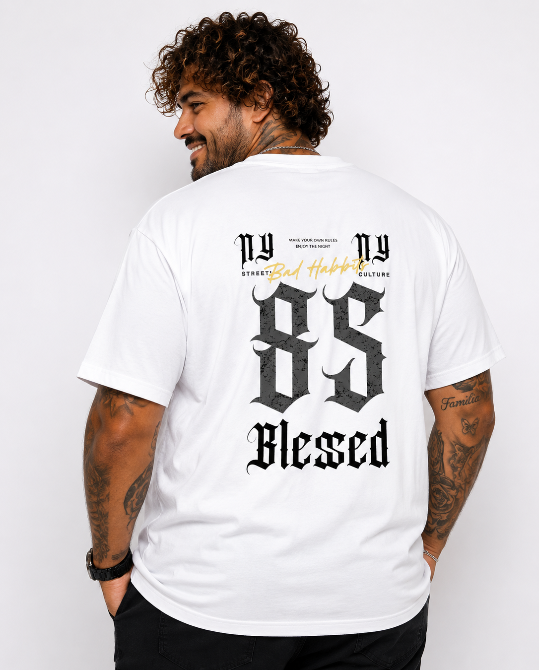 Starbattal Erkek Büyük Beden Sıfır Yaka Tişört Blessed 26147 BEYAZ