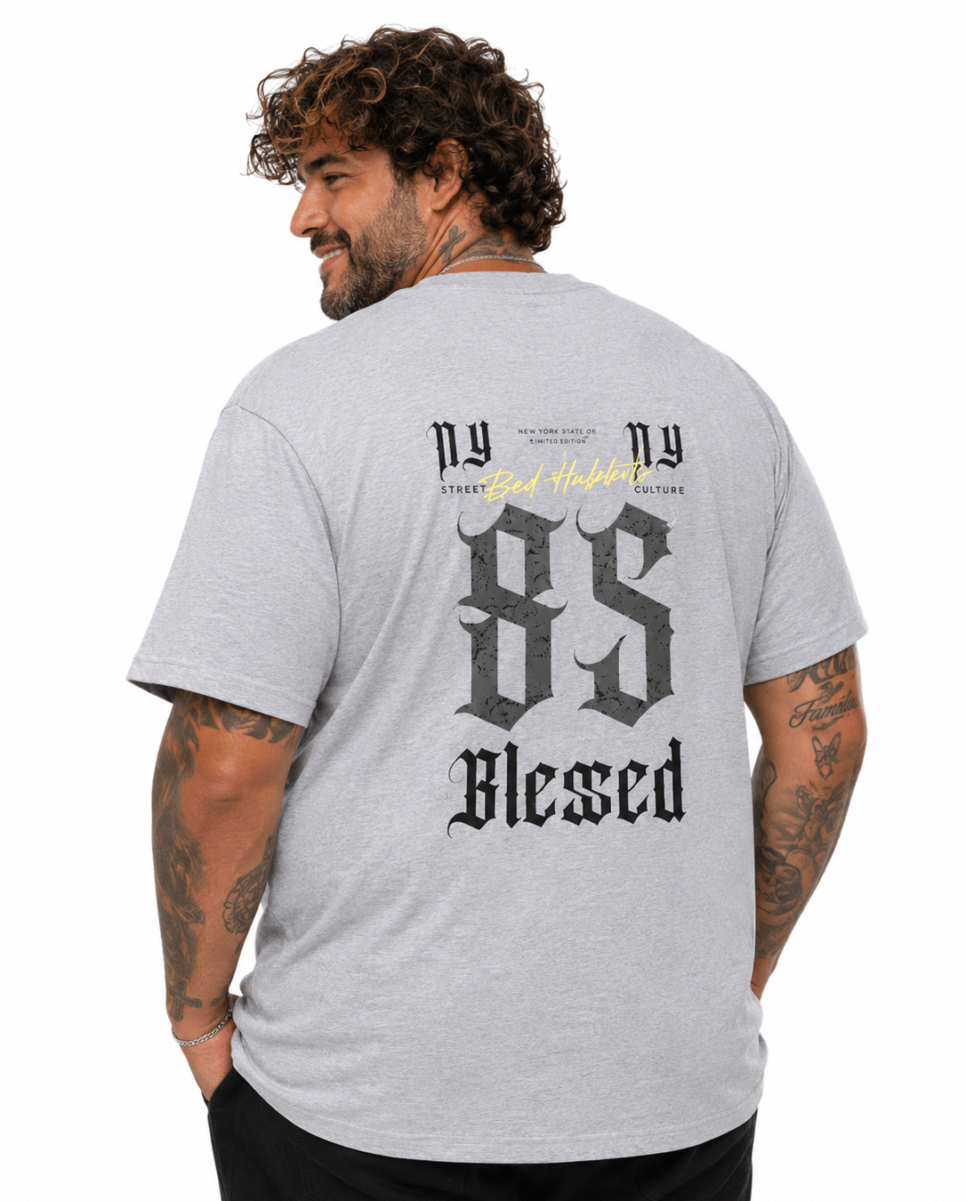 Starbattal Erkek Büyük Beden Sıfır Yaka Tişört Blessed 26147 GRI MELANJ
