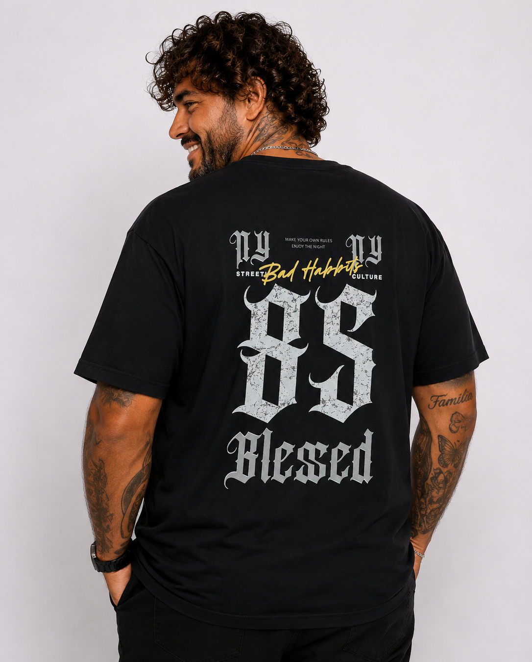 Starbattal Erkek Büyük Beden Sıfır Yaka Tişört Blessed 26147 SIYAH