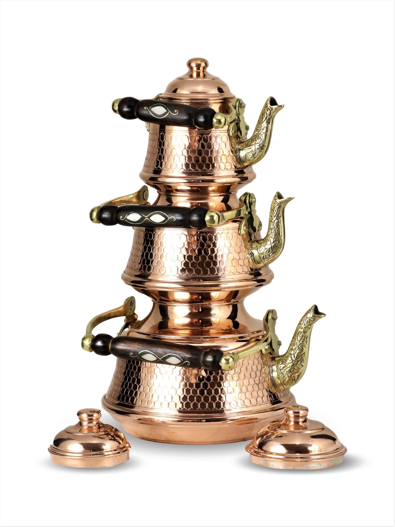 Copper TeapotSonay Bakırcılık3D Zımbalı 3 lü Petekli İşlemeli Ihlamur Demliği Takımı 1 mm Kalınlık