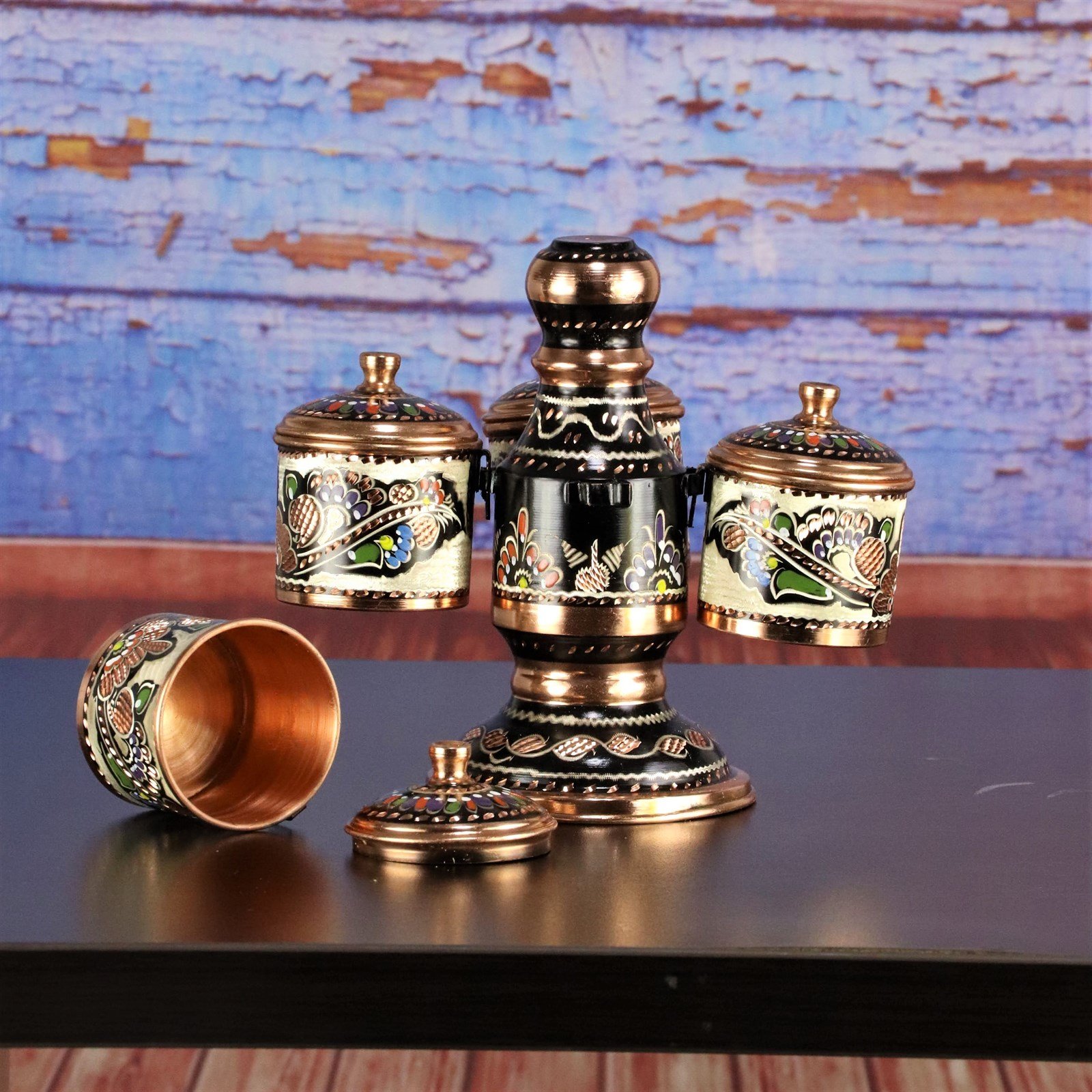 Copper Spice ContainerSonay Bakırcılık4 lü  Gül Çiçek Askılı Standtlı Bakır Baharatlık Takımı