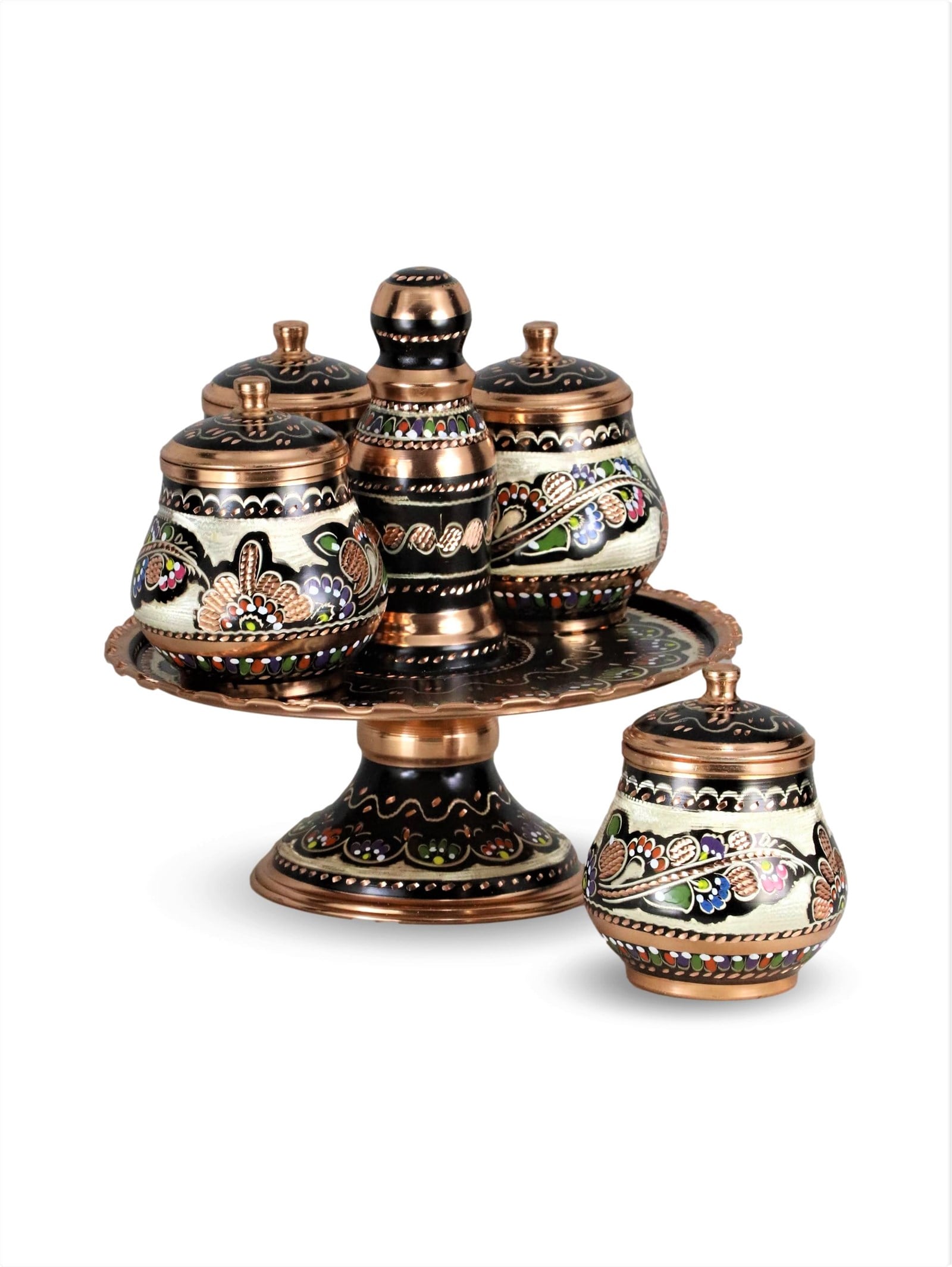 Copper Spice ContainerSonay Bakırcılık4 lü  Gül Çiçek Standtlı Bakır Baharatlık Takımı