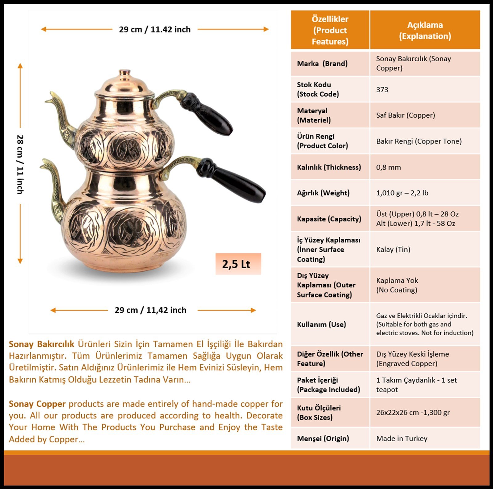Bakır ÇaydanlıkSonay BakırcılıkAğır İşlemeli Keski Kırmızı Bakır Çaydanlık