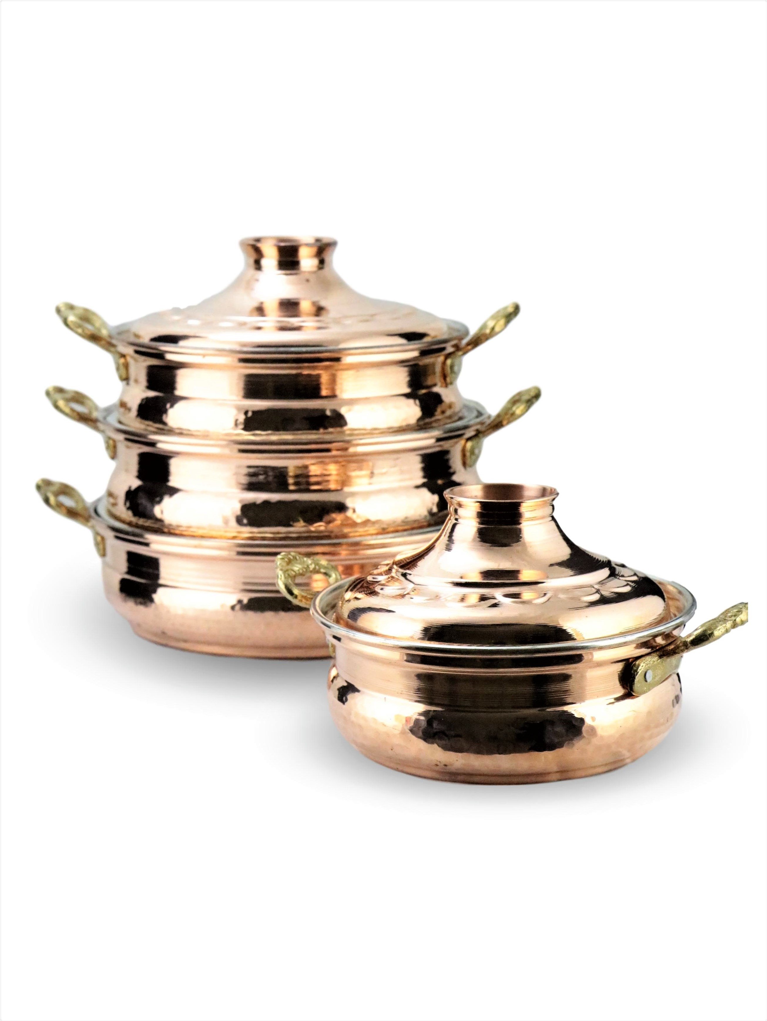 Bakır Tencere ve TavalarSonay BakırcılıkDörtlü El Dövmesi Derin Karnıyarık Bakır Tencere Seti