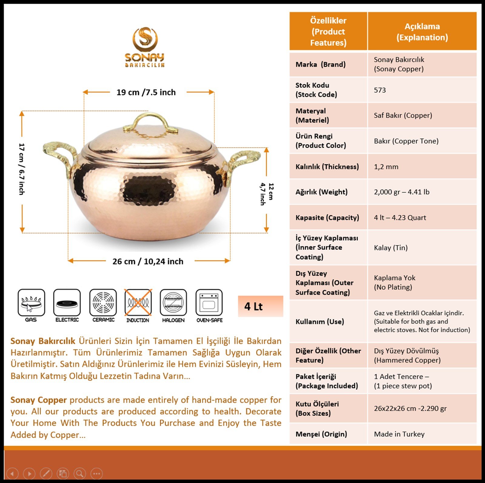 Bakır Tencere ve TavalarSonay BakırcılıkEl Dövmesi Bakır Güveç Tencere 26 cm