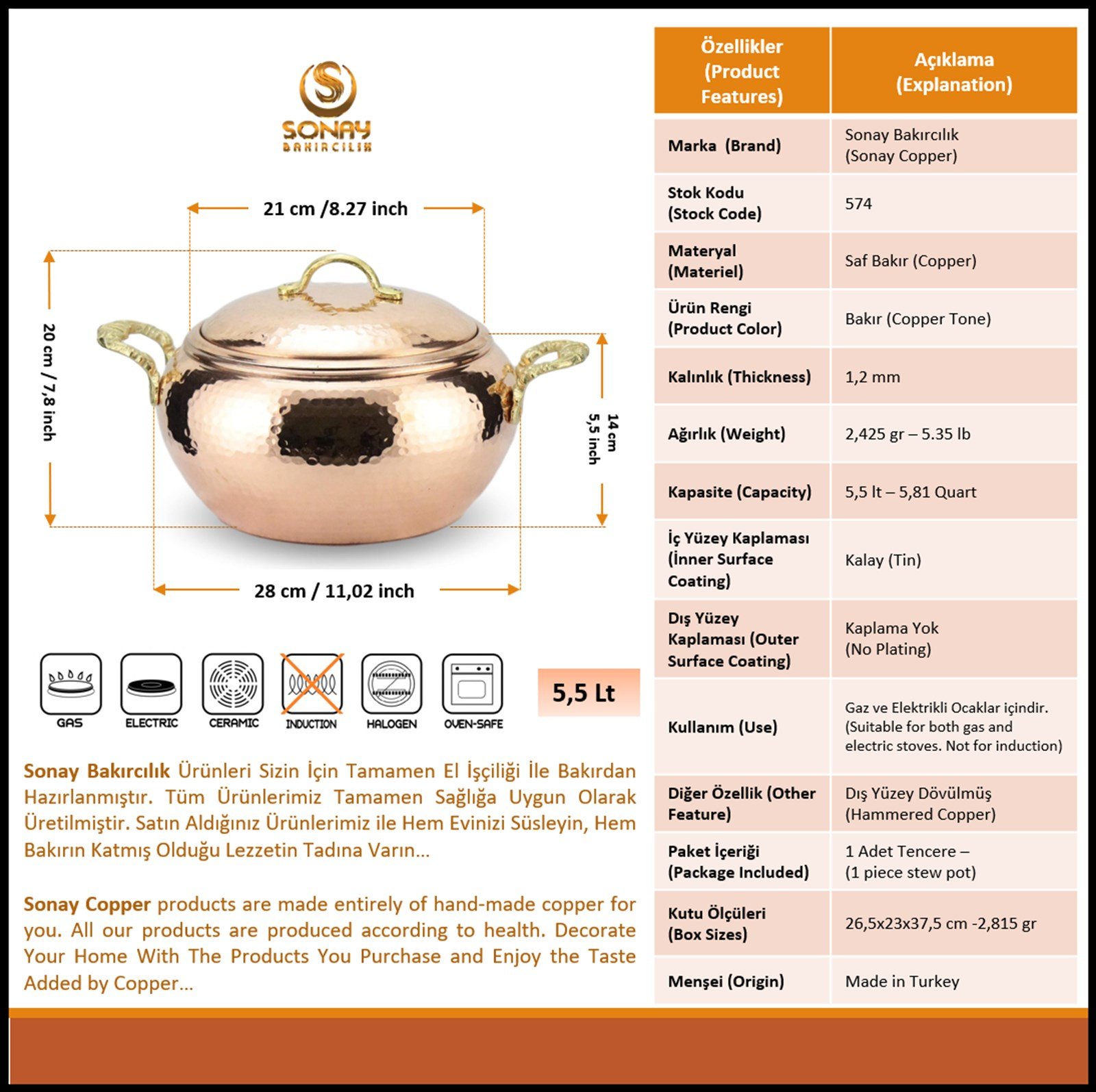 Bakır Tencere ve TavalarSonay BakırcılıkEl Dövmesi Bakır Güveç Tencere 28 cm