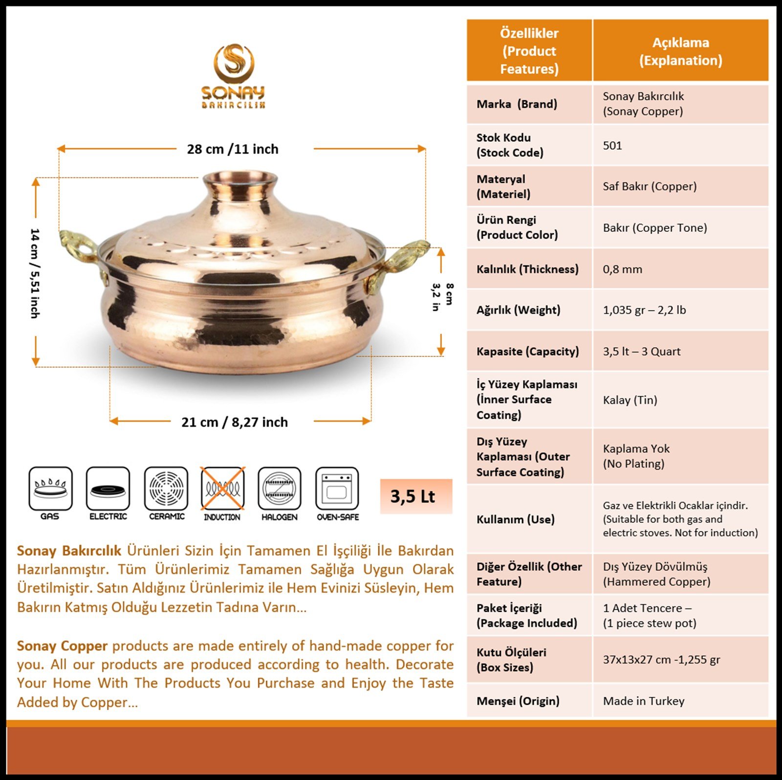Bakır Tencere ve TavalarSonay BakırcılıkEl Dövmesi Derin Karnıyarık Bakır Tencere 21 cm