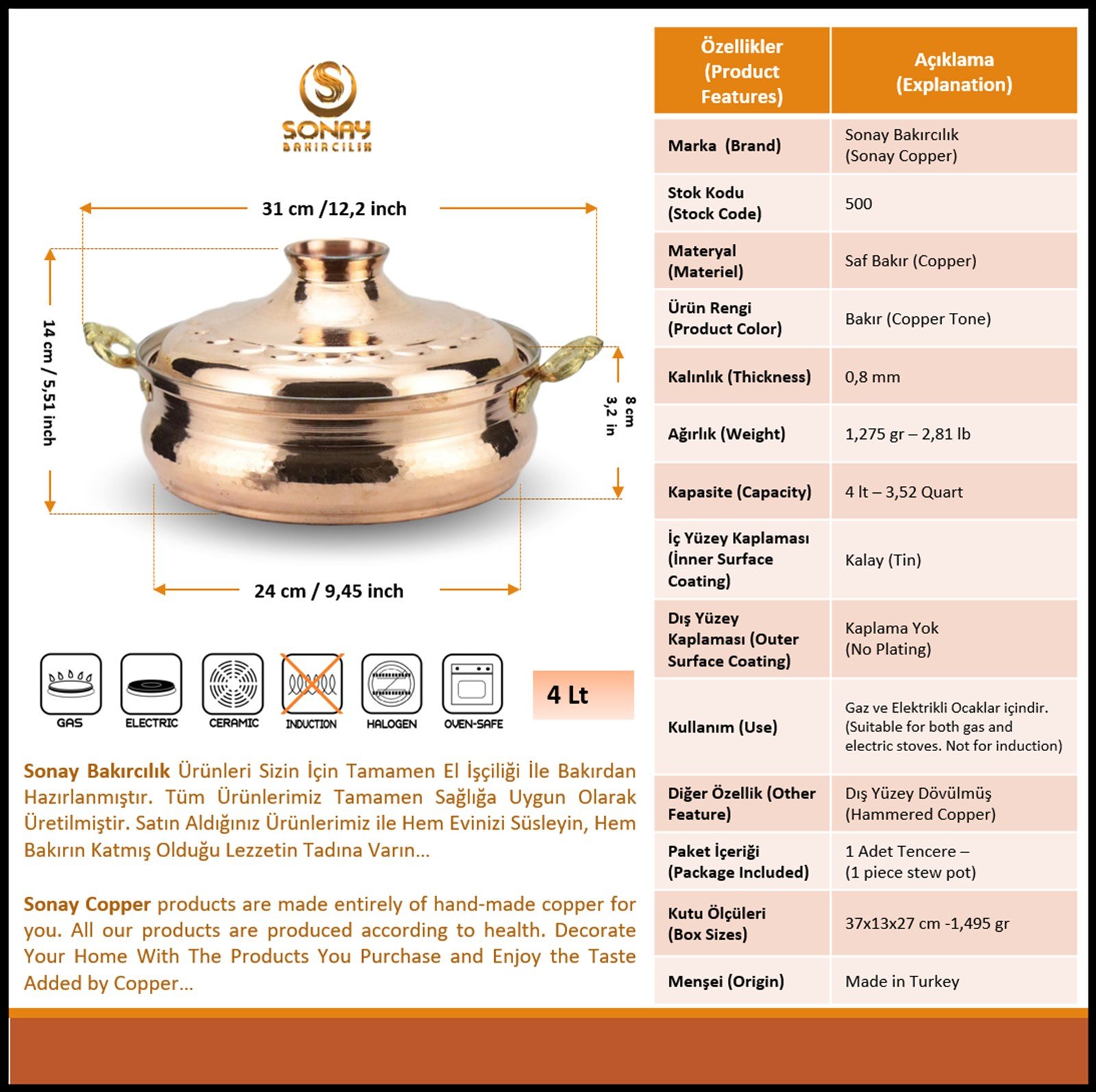 Bakır Tencere ve TavalarSonay BakırcılıkEl Dövmesi Derin Karnıyarık Bakır Tencere 24 cm